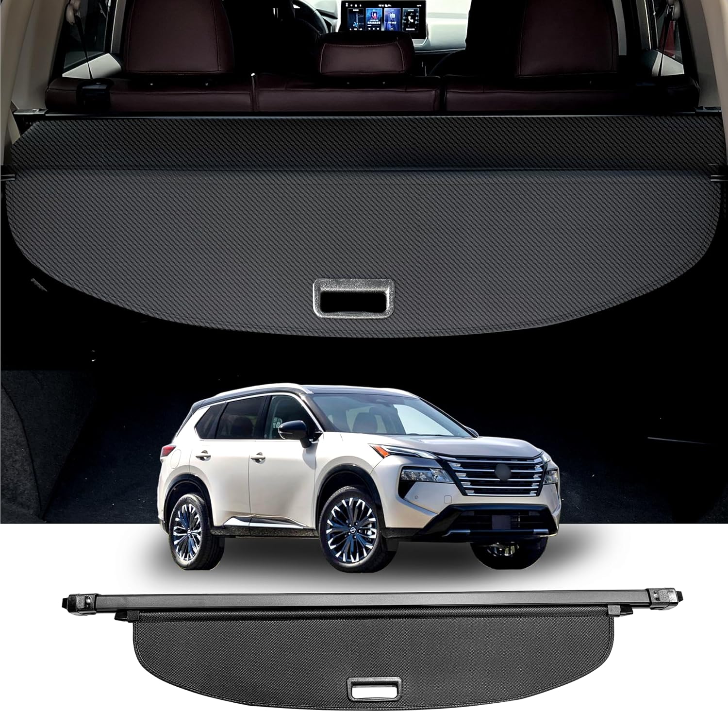 Cargo Cover for 2021-2025 Nissan Rogue, Retractable Rear Trunk Cover Compatible with 2023 2024 2025 Nissan Rogue Security Shielding Shade No Gap Car Accessory Black, Carbon Fiber
